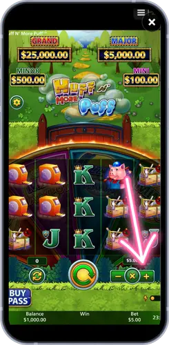 Réglage de la mise à l’aide des flèches dans Huff N More Puff avec affichage du jackpot