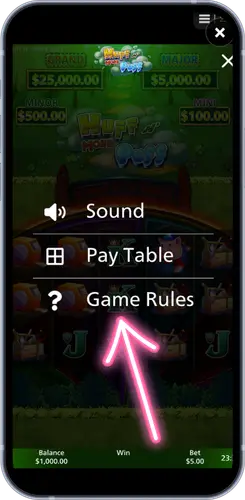 Menu avec son, table des gains et règles du jeu dans Huff N More Puff